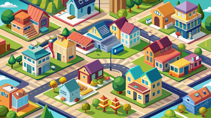 Isometric view of the city. Collection of houses 3D