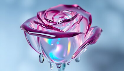 A surreal composition featuring a translucent glass rose with water running down its petals, Each droplet refracts light into a spectrum of colors and the background is a dreamlike gradient of blues.