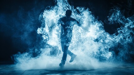 Fototapeta premium Man surrounded by dramatic clouds of blue smoke