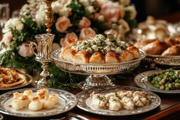 elegant buffet table adorned with polished silver trays and exquisite plates, beautifully arranged with gourmet dishes, conveying sophistication and culinary delight in an opulent dining setting