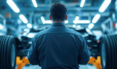 A man is standing in front of a car, looking at it