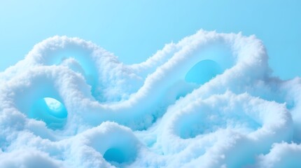 Close up with soap foam and bubbles made of shampoo, lotion, detergent. Macro photo of spume on blue background. Banner with copy space for laundry, cleaning services, beauty, skin care concept