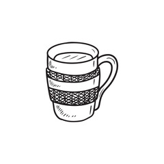 Beautiful mug with knitted design with hot tea drink in black isolated on white background. Hand drawn vector sketch illustration in doodle engraved vintage line art style. Christmas winter beverage