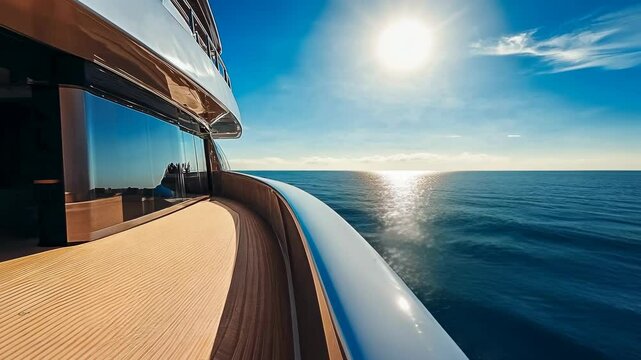 Yacht sails ocean.Luxury craft cross ocean.Pleasure boat encounter sea breeze.Sea vessel feature horizon sun.Modern marine travel associate luxury,adventure.