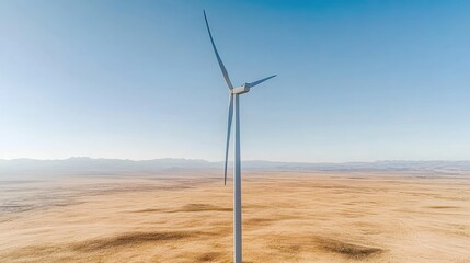 Solitary Wind Turbine Against a Clear Blue Sky in Desert Landscape Promoting Renewable Energy