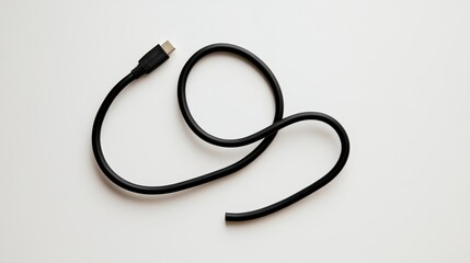 Fototapeta premium Black USB cable twisted on white background showcasing flexibility and design for tech and electronic product concepts in stock photography