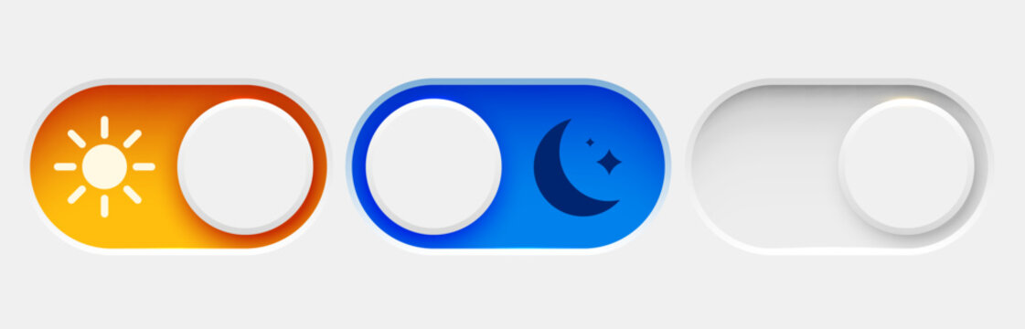 On and Off toggle switch buttons. Dark mode and light mode. Material design switch set. Day and night mode switch button.