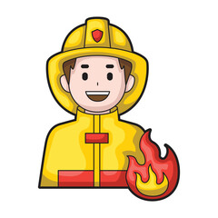 Smiling firefighter in gear near flames. Suitable for fire safety campaigns, emergency response materials, and firefighter appreciation content