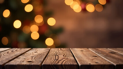 Abstract Background. A beautifully crafted wooden table adorned with festive lights glowing gently in the background, creating a warm ambiance