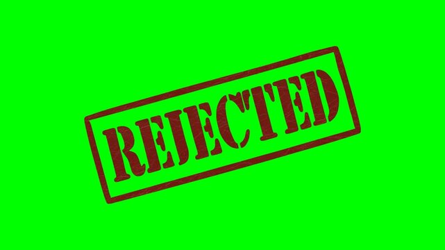 Animated "REJECTED" rubber stamp seal features bold red text with a zoom and hit effect on a green screen background for rejection notices, error alerts and disclaimers