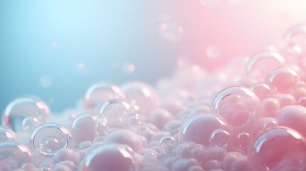 Macro photo of bubbles in water. Pink and blue background with foam made of soap, shampoo, lotion, detergent. Banner with copy space for laundry and cleaning services, beauty, skin care, spa, concept