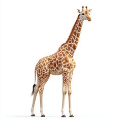 Obraz premium A giraffe is prominently featured against a plain white background, showcasing its long neck and distinctive patterns.