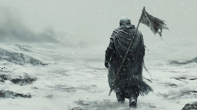 A knight with a tattered flag strapped to his back trudges through the snow, his armor covered in frost. The landscape is barren, and the sound of the wind is the only thing that fills the air.