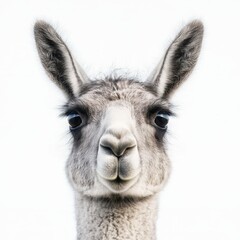 Obraz premium A curious llama gazes directly at the camera, showcasing its distinct features and playful demeanor in a captivating portrait.