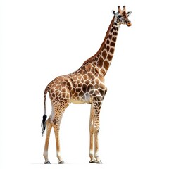 Naklejka premium A solitary giraffe stands prominently against a stark white background, highlighting its unique features and graceful stature.