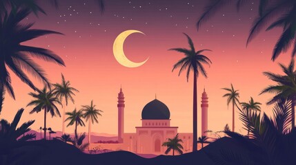 Serene Mosque Dome Under a Crescent Moon at Dusk