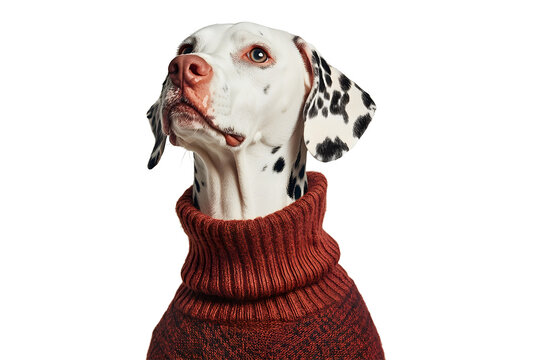 Dalmatian dog posing in cozy sweater indoor studio portrait photography bright environment close-up viewpoint pet fashion concept