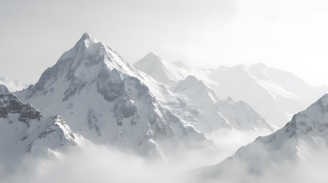 Professional monochrome photography of a snowy mountain peak. Graphic black and white poster of a snow covered mountain range. Landscape shot for interior painting