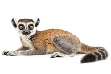 Obraz premium A lemur is sitting calmly on a smooth white surface, displaying its distinctive features and curious expression in a serene environment.