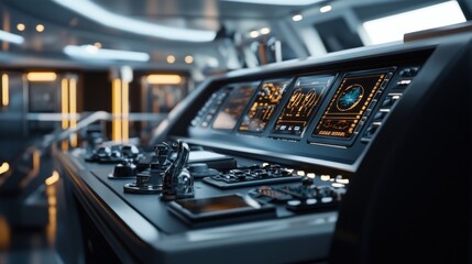 Naklejka premium A detailed 3D model of a cruise ship's bridge, showcasing modern navigation instruments and design elements 