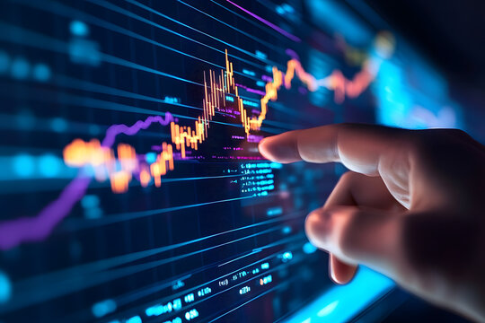 Hand zeigt auf digitale Finanzgrafik mit Datenvisualisierung und Liniendiagrammen
