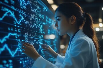 Scientist analyzes data trends on a large digital display in a modern laboratory during evening research hours