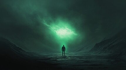 Fototapeta premium Solitary Figure Contemplating Ethereal Green Glow in a Mysterious Dark Landscape