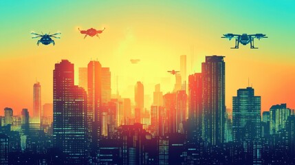 Fototapeta premium Drones Flying Over A Cityscape At Sunset