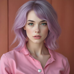 Fototapeta premium Una mujer fascinante de pelo morado y ropa rosa llamativa.