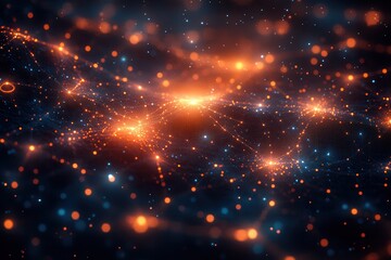 Fototapeta premium Vibrant cosmic network of glowing particles in deep space showcasing a stunning display of orange and blue lights