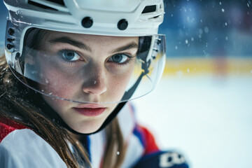 A girl in an ice hockey uniform is seen in close-up, her intense focus standing out against the softly blurred ice rink behind her.