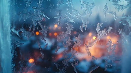 Frosted window covered in water with skyline