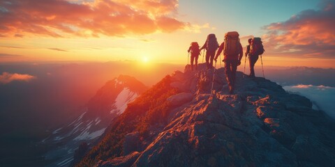 hikers silhouetted at a mountain summit during sunset, making it perfect for outdoor campaigns promoting teamwork and accomplishment.