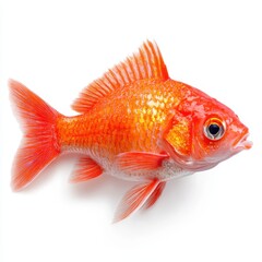 Fototapeta premium A fish rests upright on a smooth white surface, contrasting its vibrant colors against the simplicity of the background.