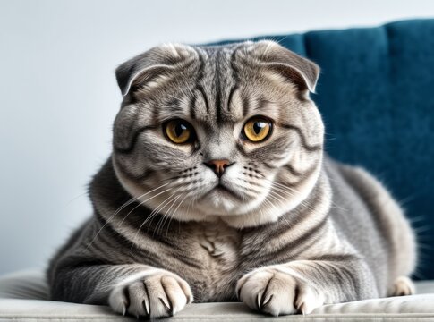 Striking gray cat relaxing on a couch with blue backdrop, showcasing beautiful features and vibrant eyes - Powered by Adobe
