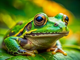 Obraz premium Close-up of a vibrant green frog, subtly incorporating a monogram design into its skin pattern. A documentary style photograph emphasizing natural texture and detail.