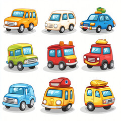 Fototapeta premium Colorful Cartoon Vehicles Collection Nine Fun Designs