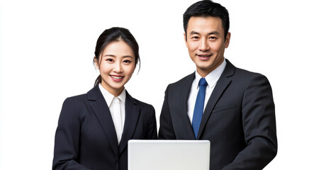 professional Chinese businesswoman and businessman in formal black suits, standing side by side, smiling confidently while working on a laptop in front of white background.