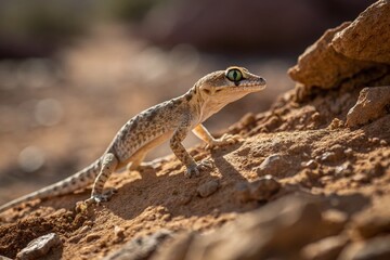 Naklejka premium Close-up of a Young Caspian Gecko Hunting in the Desert - Architectural Photography Style