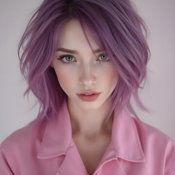 Mujer de piel p&aacute;lida con cabello morado luciendo un outfit rosa moderno.