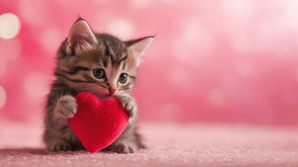 tiny kitten with a big heart, hugging a red heart-shaped toy and holding a small red heart in its mouth.