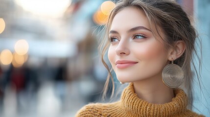 Obraz premium Stylish woman with oversized geometric earrings in urban setting.