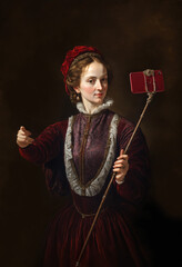 Renaissance-style painting portrait of a noble girl in Victorian clothing holding a selfie stick, Generative AI