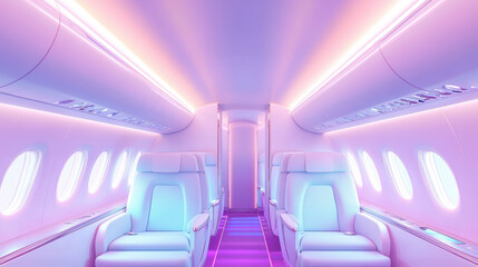 Fototapeta premium Futuristic airplane interior with neon lighting and plush seating