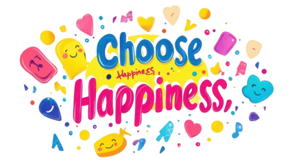 World Happiness Day-themed vector design of "Choose Happiness" in colorful hand-drawn lettering with decorative doodles, isolated on white, PNG file