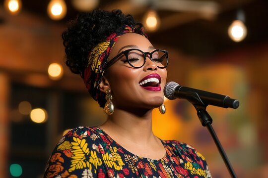 Vibrant performance by african american poets at open mic night. Black History Month
