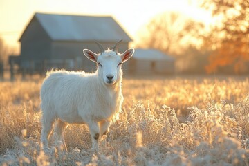 Obraz premium farm scene featuring a lively goat grazing on fresh grass, with rustic barn in the background and warm sunlight casting long shadows across the field