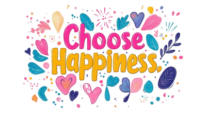 World Happiness Day-themed vector design of "Choose Happiness" in colorful hand-drawn lettering with decorative doodles, isolated on white, PNG file