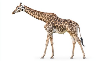 Obraz premium A close-up of an African giraffe standing in isolation against a white background, showcasing its profile.