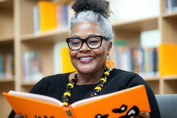 Elderly african american woman reading to children in a library setting for educational engagement. Black History Month